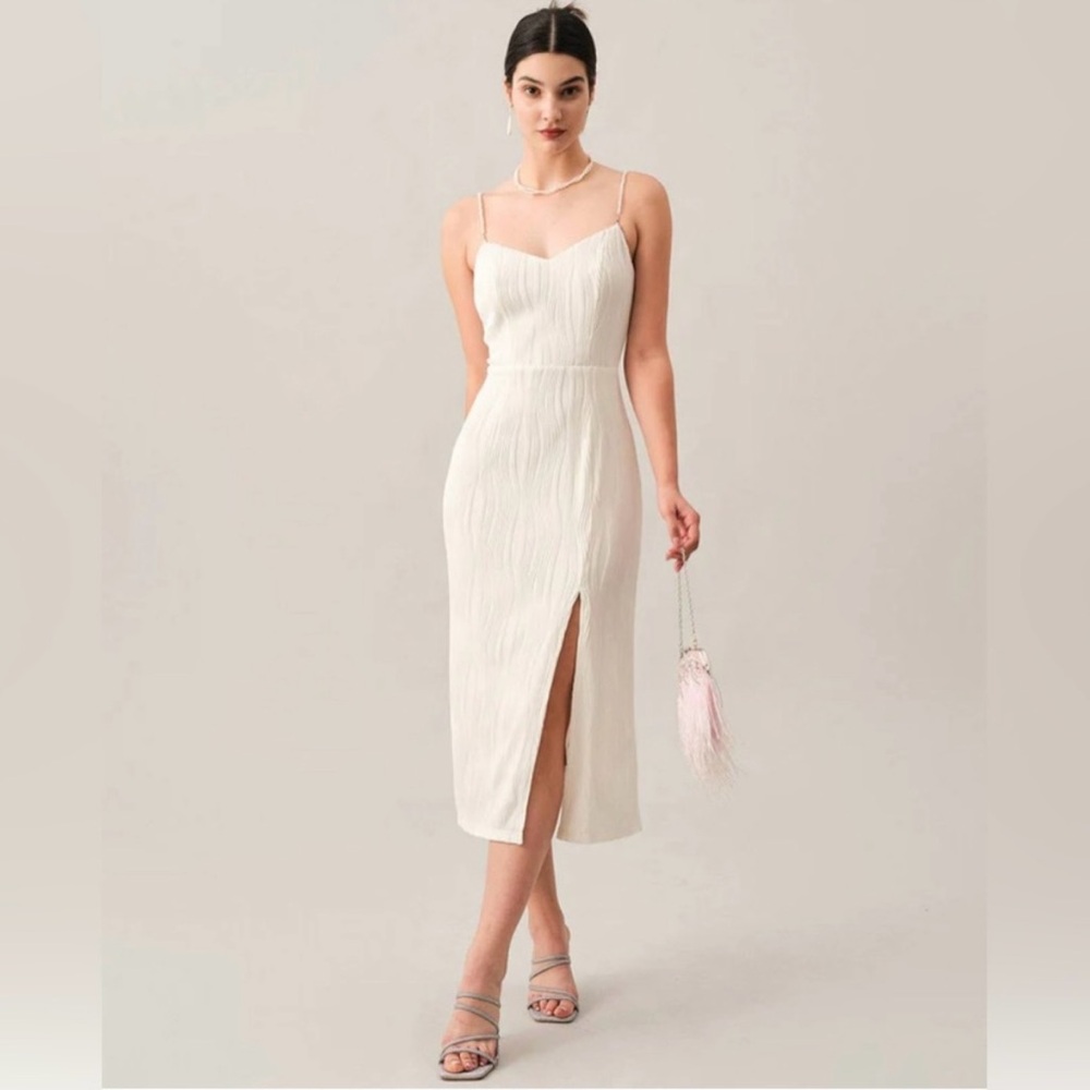NWOT White Textured Midi Dress with Pearl Straps (size L)